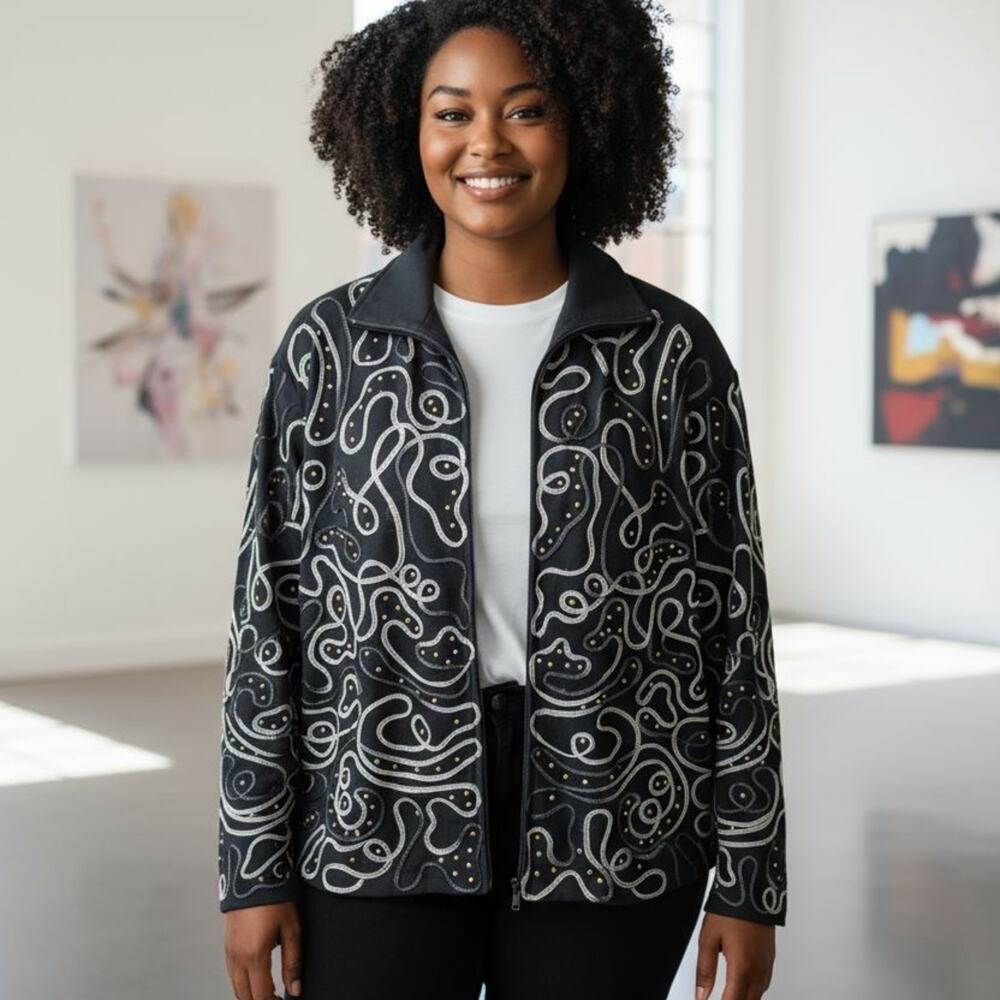 ANAGE | Black Silver Gold Textured Ribbon Beads Metallic Patterned Blazer | 3X
